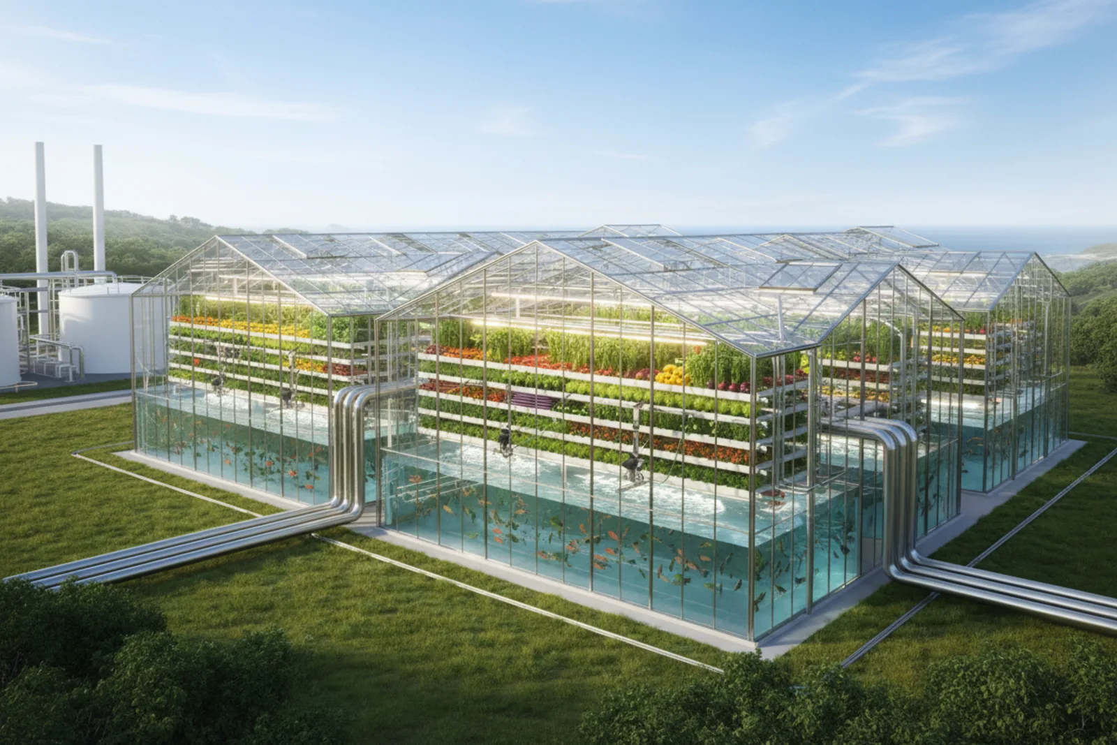 CFF aquaponics facility with indoor fish tanks below and growing racks above, connected to the main site via insulated pipe networks
