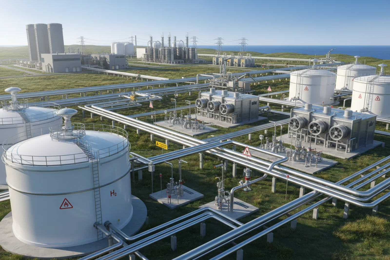 CFF hydrogen storage and distribution terminal with large-scale H2 tanks, pipeline infrastructure, and tanker loading bays set against a coastal landscape