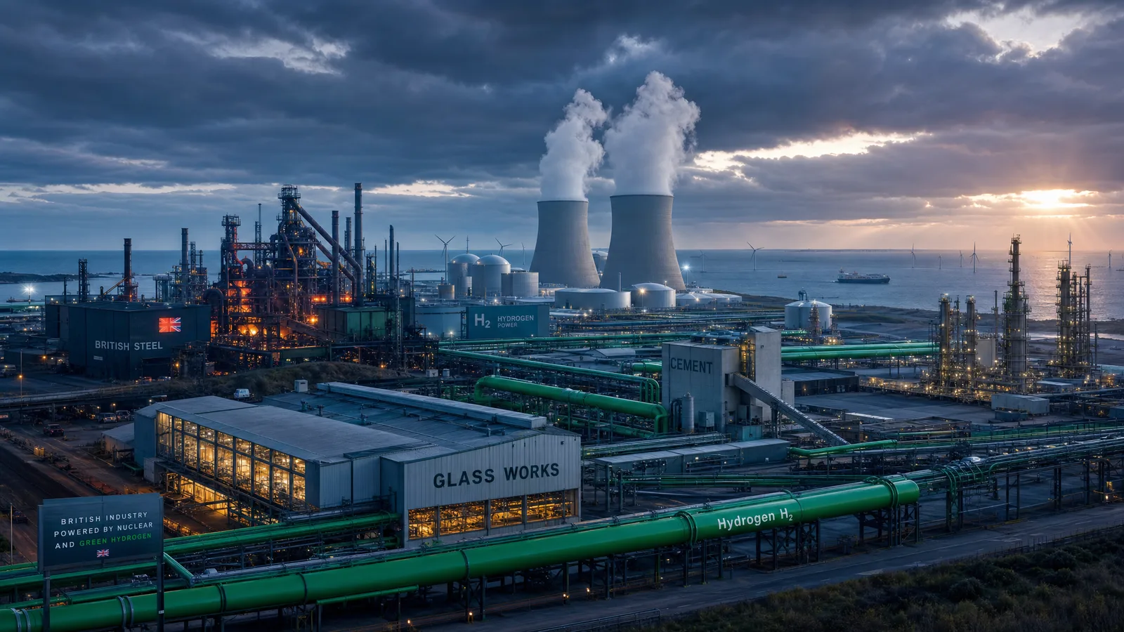 CFF concept art — sprawling coastal industrial campus with steel, glass, cement, and chemical facilities connected by green hydrogen pipelines