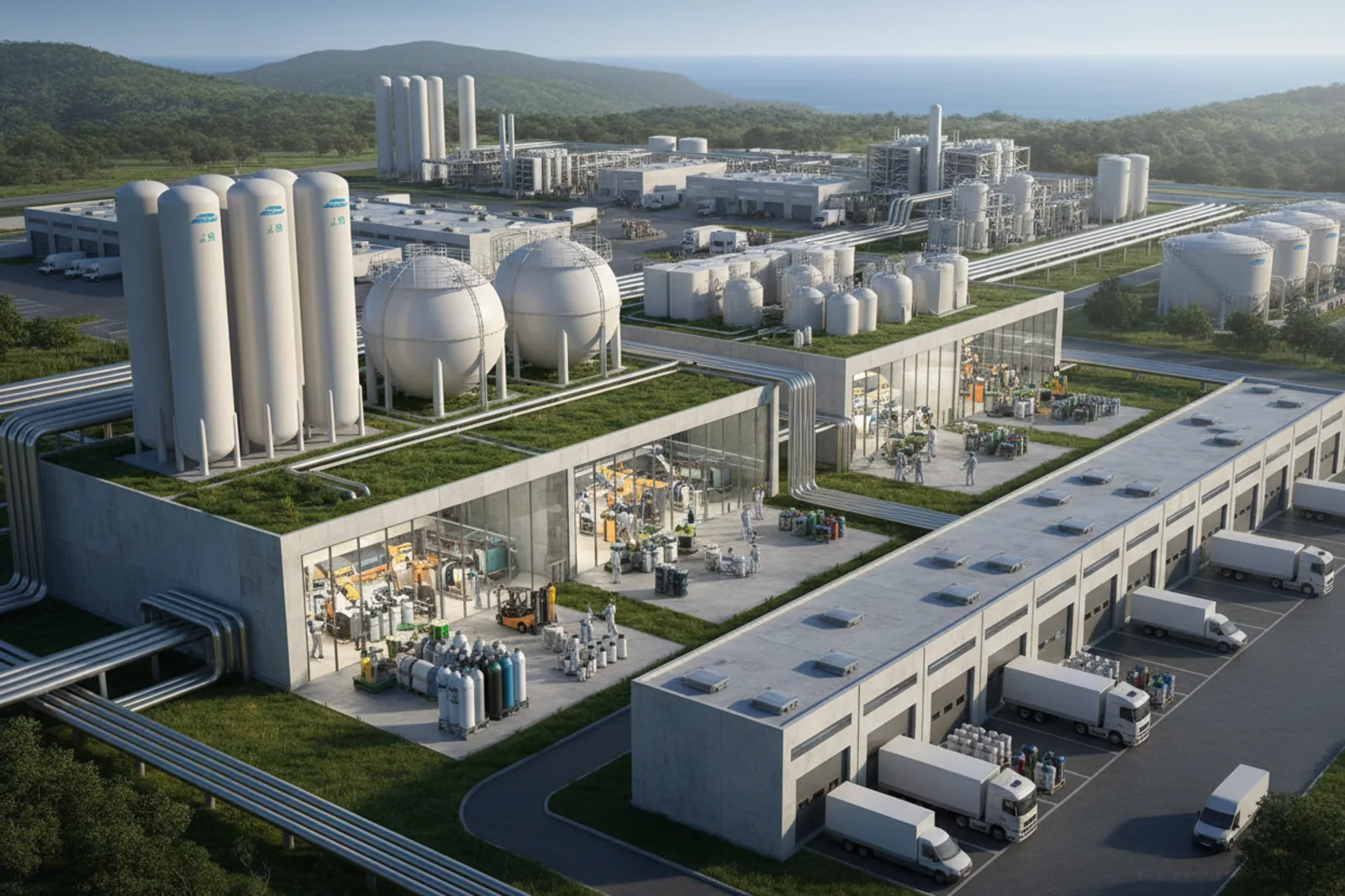 CFF concept art — industrial oxygen hub and gas separation facility at a coastal mega-site