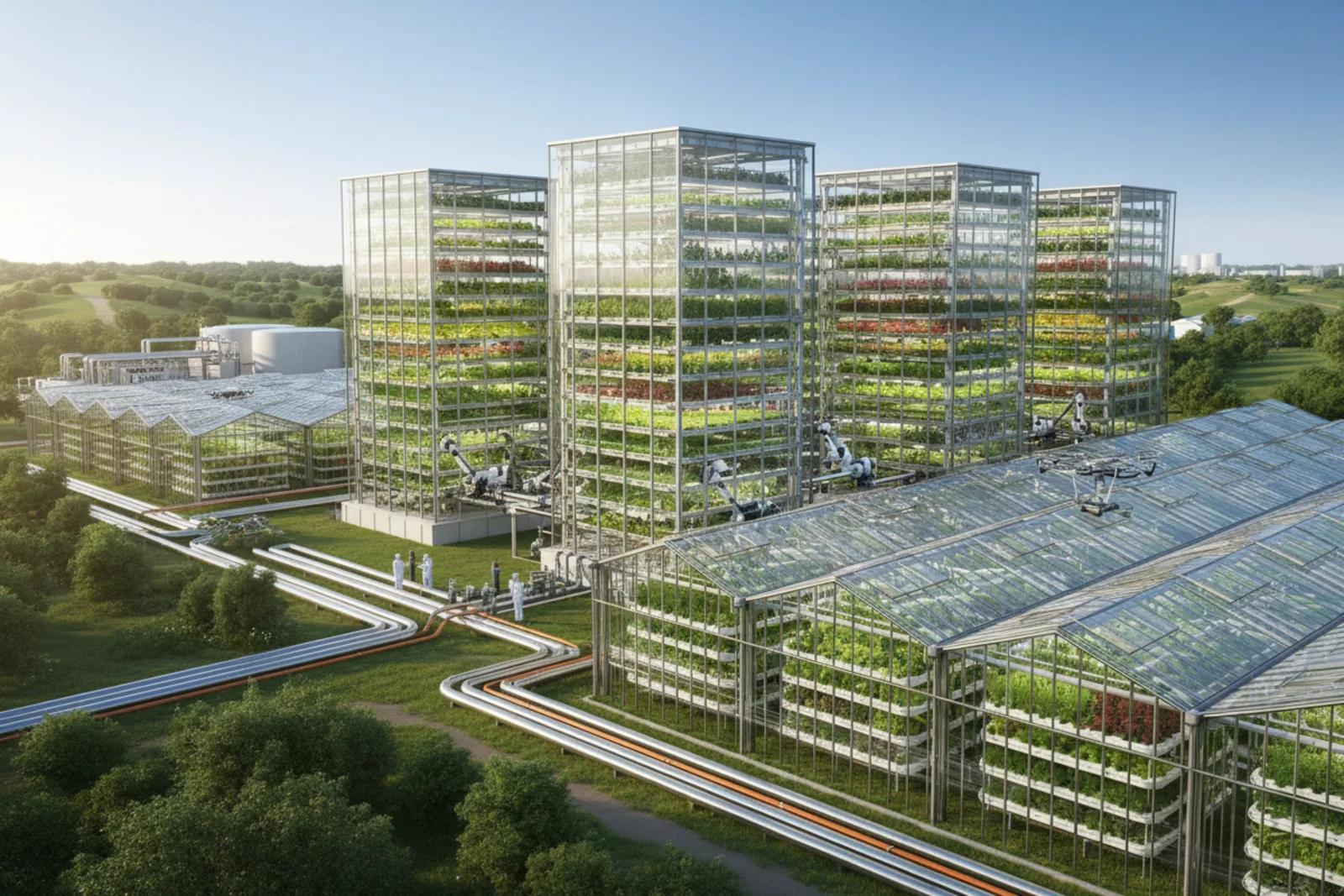 CFF vertical farming and hydroponics complex with multi-storey glass growing towers, automated robotics, and connected greenhouse facilities