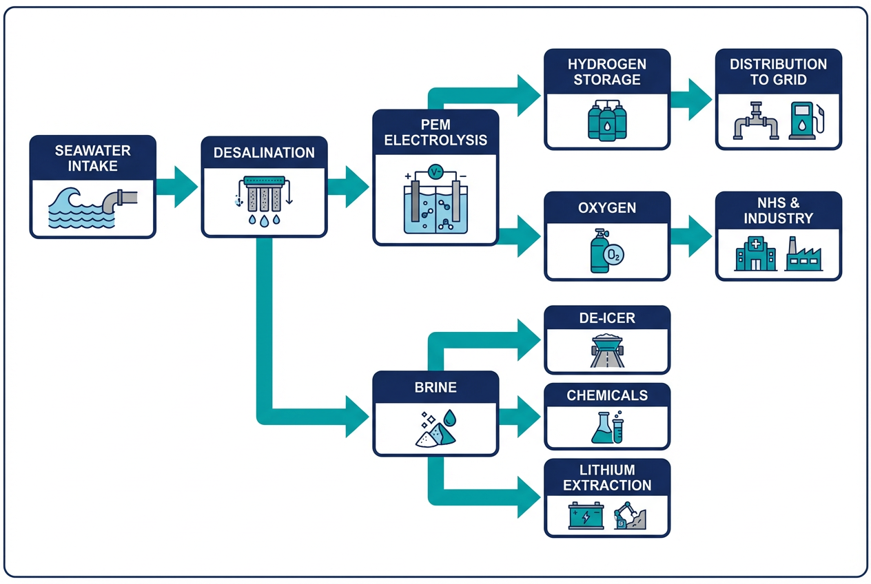 Sea-to-Street Process Flow - From seawater intake through SMR power and electrolysis to hydrogen distribution