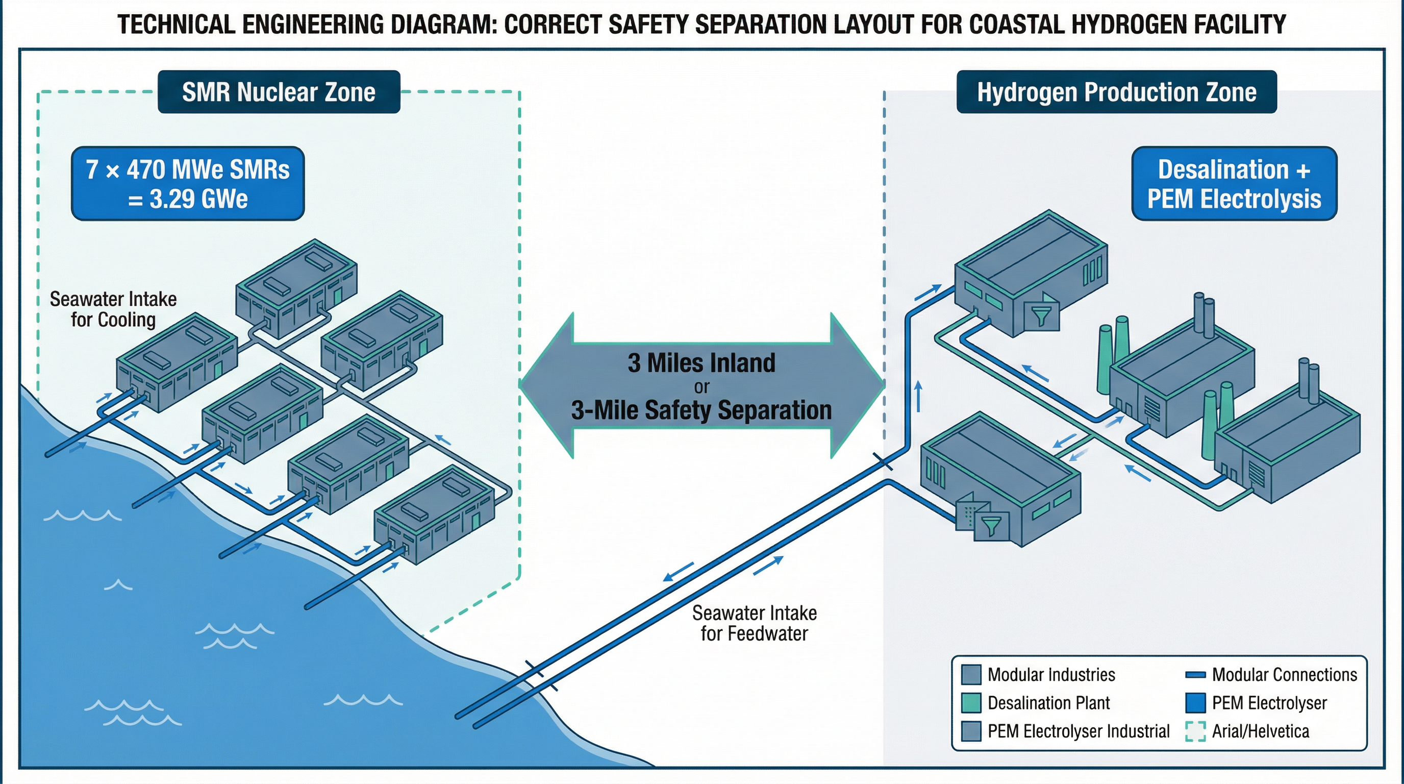 3-Mile Safety Separation showing SMRs on coast and hydrogen plant 3 miles inland