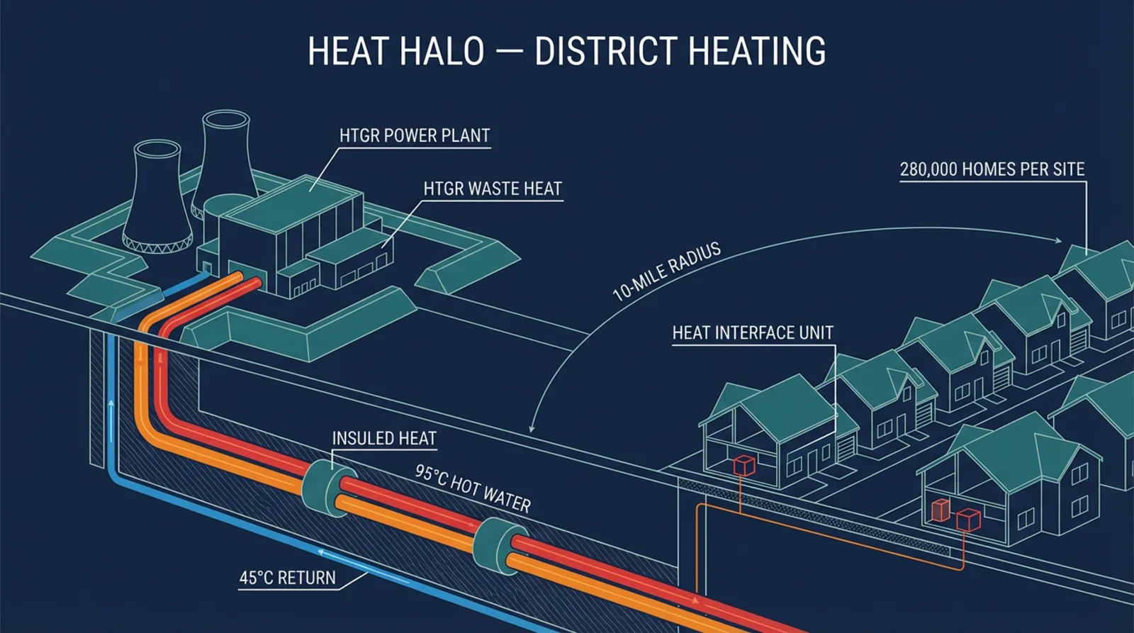 CFF Heat Halo district heating system diagram: HTGR power plant delivers 95°C hot water through underground heat mains across a 10-mile suburban stretch to homes, replacing gas boilers with a Heat Interface Unit for instant domestic hot water and radiator heating